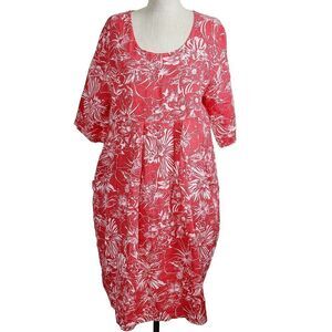 Woolovers Linen Pocket Tunic‎ Dress 6 Coral Pink 100% Linen Floral Hawaiian